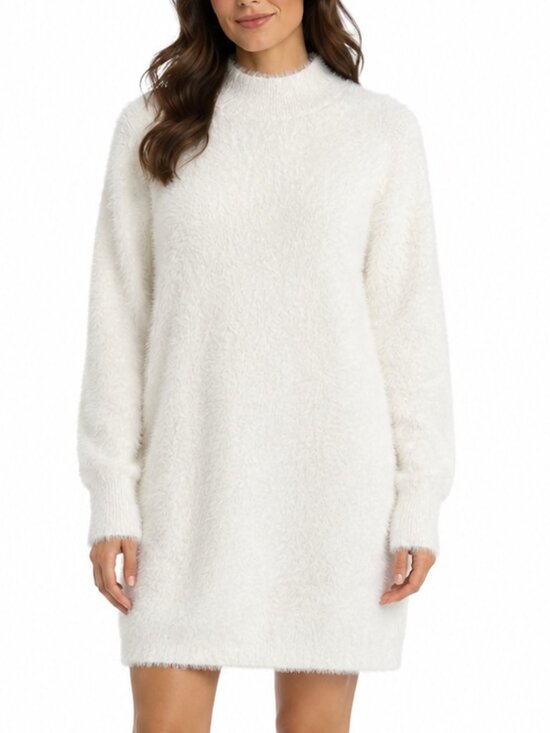 No Boundaries Sweaters - No Boundaries Women’s Long Eyelash Sweater Dress White Soft Fuzzy Mock Neck